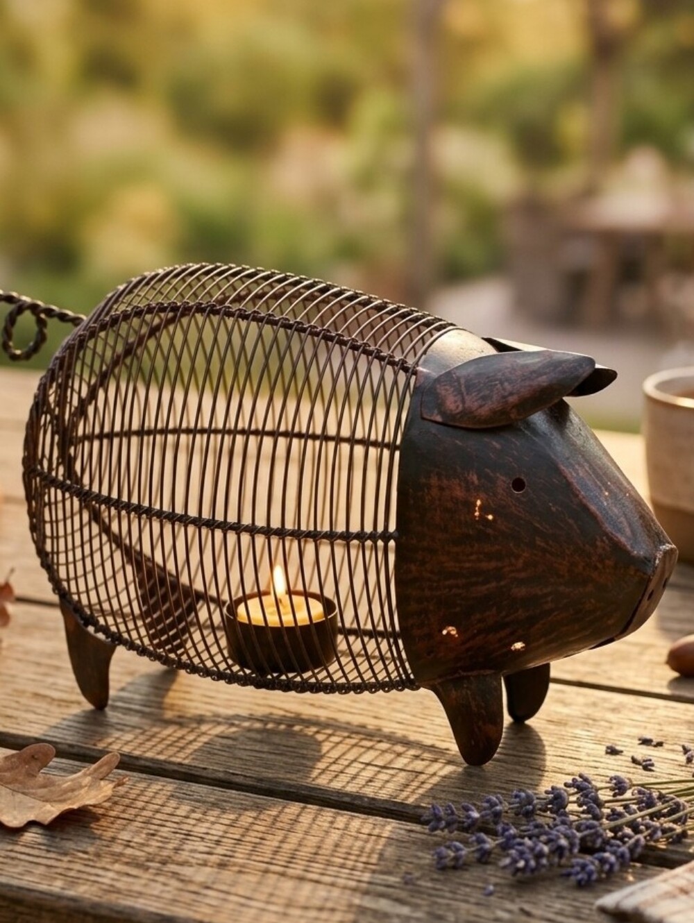 Rustic Brown Metal Pig Lantern - Decorative Votive Candle Holder